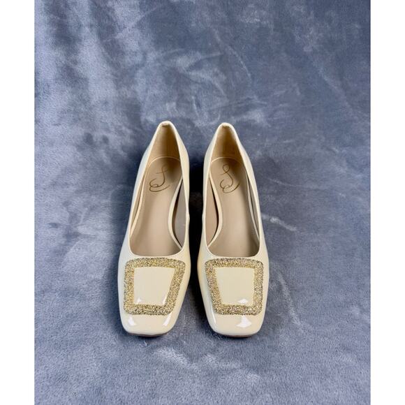 Sam Edelman Cream Patent Gold Buckle Pump Woman's Sz 8 EUC - Picture 1 of 9